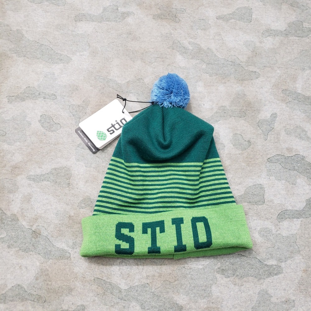 Stio Beanie Hat OS Green Innate Pom Merino Wool Blend Striped NWT Outdoors